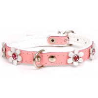 Leather dog collar FLOWER baby pink white